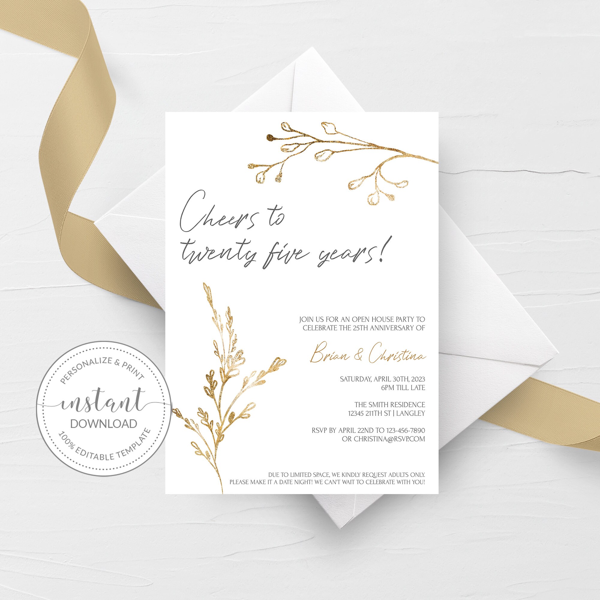 25th Anniversary Invitation Template, Printable 25th Wedding Anniversary Invite, Gold Leaf Cheers to Twenty Five Years, DIGITAL GL100 - Etsy