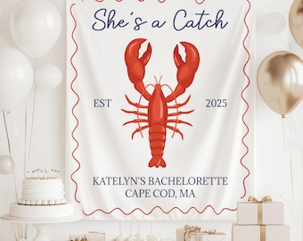 Sie ist ein Fang Bachelorette Dekor, Brautdusche Hintergrund Willkommensschild, Hummer Bachelorette Dekorationen, Küsten Bachelorette Foto Hintergrund