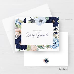 Cartes de correspondance personnalisées avec enveloppes, cartes de correspondance florales rose poudré et bleu marine pour elle, cartes de correspondance personnalisées, papeterie lettre, lot de 12