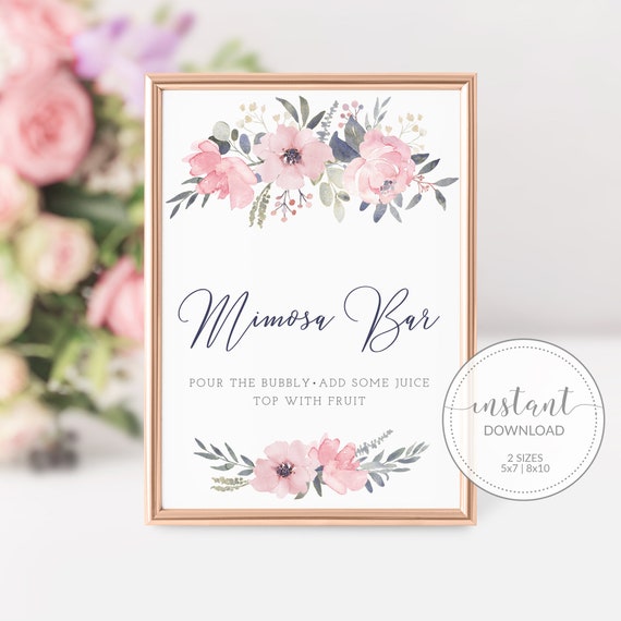 Navy and Blush Floral Mimosa Bar Printable Sign INSTANT 