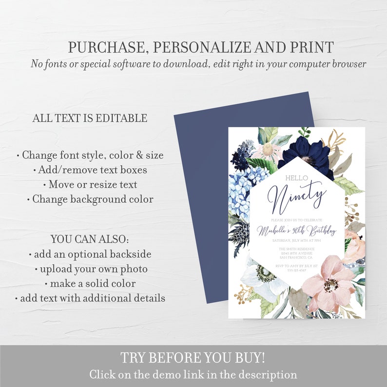 May include: Editable 90th birthday party invitation template with a blue and pink floral design. The text says "Hello Ninety" and "Please join us to celebrate Michelle's 90th Birthday".