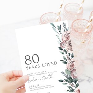 80th Birthday Invite Template, Boho Rose 80th Birthday Invitation For Women, 80 Years Loved Birthday Party Printable, INSTANT DOWNLOAD BR100 image 5