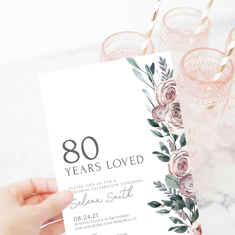 80th Birthday Invite Template, Boho Rose 80th Birthday Invitation For Women, 80 Years Loved Birthday Party Printable, INSTANT DOWNLOAD BR100 image 5