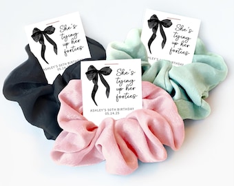 Tying Up Her Forties Birthday Favors, Hair Scrunchies, Coquette 50th Birthday Party Favors, Black Bow Birthday Thank You Guest Gifts