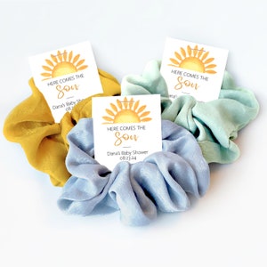 Here Comes The Son Baby Shower Favors, Hair Scrunchies, Sun Baby Shower Boy, Sunshine Sip and See Thank You Guest Gifts