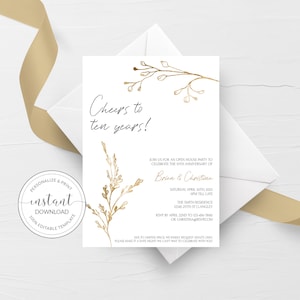 10. Jahrestag Einladung Vorlage, druckbare 10. Hochzeitstag einladen, Blattgold Prost auf zehn Jahre, DIGITAL DOWNLOAD GL100