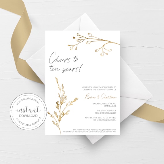 10th Anniversary Invitation Template, Printable 10th Wedding Anniversary Invite, Gold Leaf Cheers to Ten Years, DIGITAL DOWNLOAD GL100