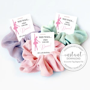 Afdrukbare ballet gunst tag voor haar scrunchies, gepersonaliseerde scrunchie tag voor ballet partij gunsten, overweging cadeau sjabloon, INSTANT DOWNLOAD