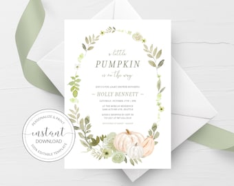 May include: A baby shower invitation with a watercolor illustration of a wreath of green leaves and white pumpkins. The text reads "a little pumpkin is on the way" and includes the name "Holly Bennett".