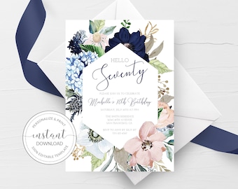 70th Birthday Invitation For Women, Printable 70th Birthday Party Invitation, Navy Blush Floral 70th Birthday Invite, INSTANT DOWNLOAD MB100