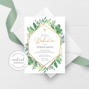 May include: A white invitation card with gold text and a geometric frame, surrounded by green foliage. The text reads "Dedication of our son" and includes the name Ethan Davis, date, time, and location.