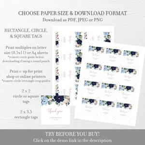 Navy and Blush Floral Favor Tags Printable Template, Birthday Party ...