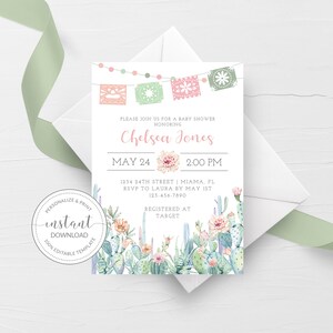 Fiesta Baby Shower Invitation Template, Printable Cactus Baby Shower Invitation Instant Download, Mexican Baby Shower, DIGITAL CS100 image 1