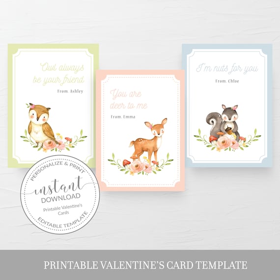 Woodland Printable Valentine Cards for Kids Woodland