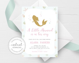 Mermaid Baby Shower Invitation Printable, Under the Sea Baby Shower, A Little Mermaid Is On Her Way, Template DIGITAL DOWNLOAD - M100