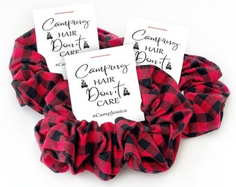 Camping Bachelorette Party Favors, Buffalo Plaid Hair Scrunchie, Camping Hair Don't Care, Camping Bachelorette, Glamping Party, Camp Bach