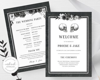 Gothic Wedding Program Printable, Halloween Wedding Program Template, Editable Ceremony Program, Skull Wedding, 5x7 INSTANT DOWNLOAD DA100