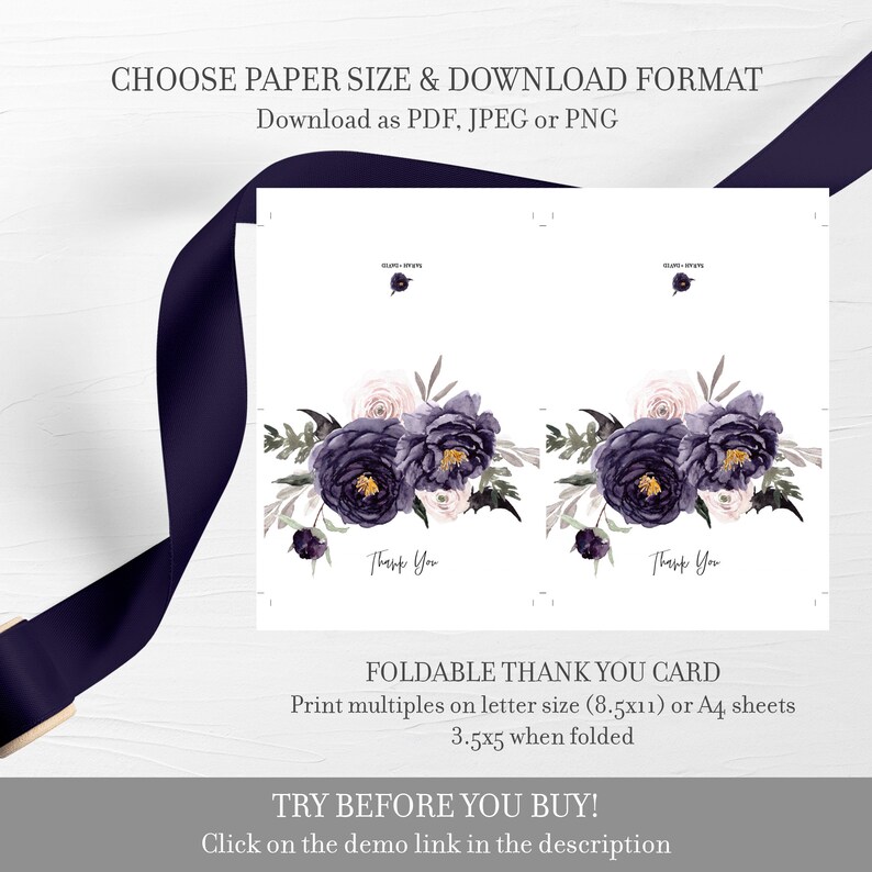 May include: Two printable thank you cards with a floral design featuring purple and white flowers. The cards are folded and say "Thank You" on the front. The cards are 3.5 x 5 inches when folded.