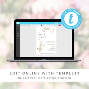 May include: A digital template for a 10th anniversary party invitation. The invitation features a gold floral design and the text "Cheers to ten years!"  The text "Brian & Christian" is also included. The invitation is editable online with Templett.