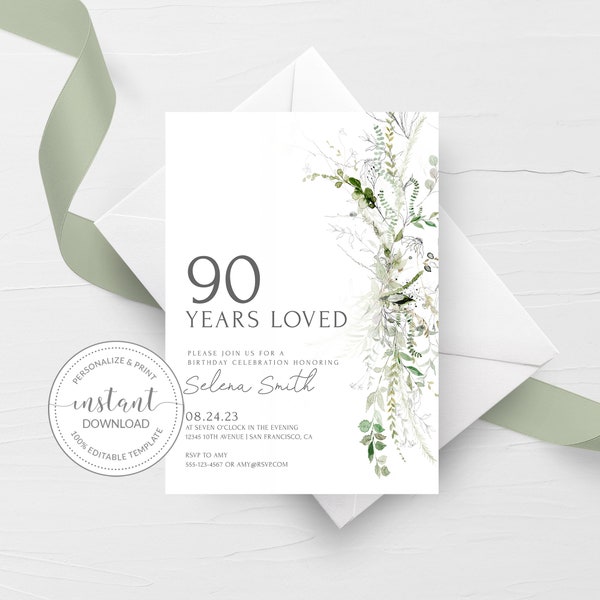 90th Birthday Invitations Template, Printable 90th Birthday Party Invitation, Boho Greenery 90th Birthday Invite, INSTANT DOWNLOAD GM200