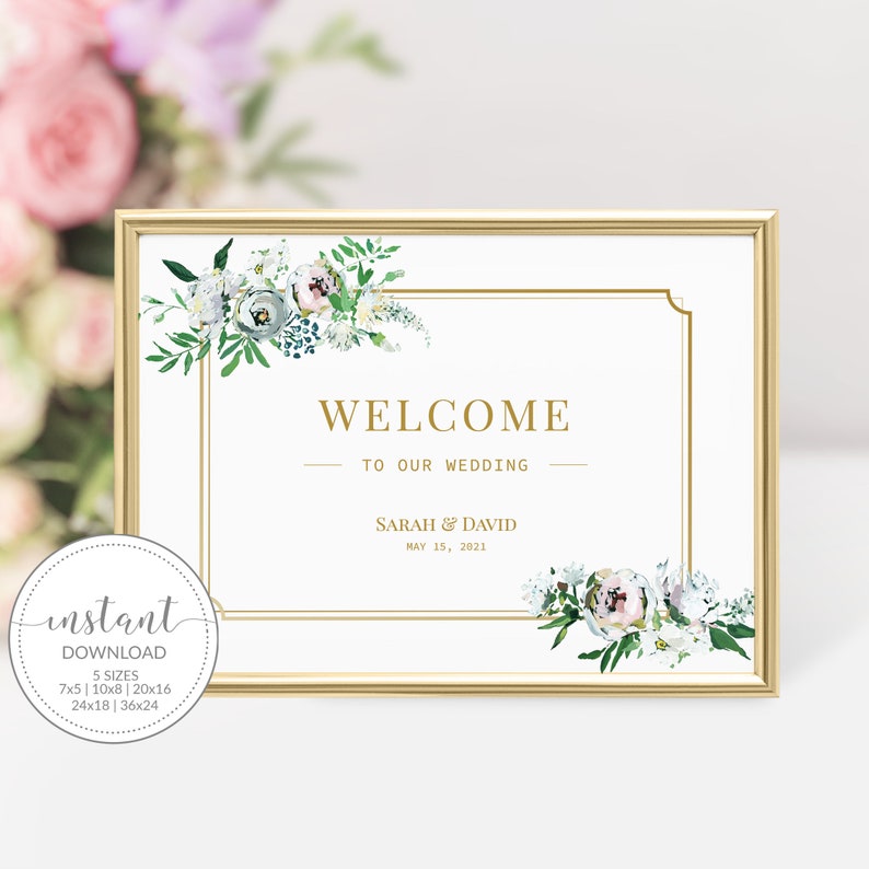 DIGITAL DOWNLOAD Gold Floral Wedding Signs Large Welcome Sign Printable BGF100 Personalized Wedding Welcome Sign Template