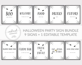 Puede incluir: Un paquete de carteles para fiesta de Halloween que incluye diez letreros rectangulares blancos con bordes negros, detalles de telarañas en las esquinas y texto negro. Los carteles incluyen frases como BOO, WELCOME, FOOD, DRINKS, FAVORS, BLOODY MARY BAR, CANDY BAR, TRICK or TREAT, eat, drink, BE SCARY y una plantilla editable.