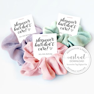 Etichetta stampabile per bomboniere pigiama party per elastici per capelli, etichetta elastica personalizzata per modello bomboniere pigiama party, DOWNLOAD immediato