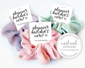 Printable Sleepover Favor Tag for Hair Scrunchies, Personalized Scrunchie Tag for Sleepover Party Favors Template, INSTANT DOWNLOAD