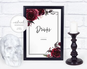Signe de boissons d’Halloween, Panneau de douche nuptiale d’Halloween imprimable, Panneau de bar, Décor de mariage gothique, Signe de mariage d’Halloween, TÉLÉCHARGEMENT INSTANTANÉ H100