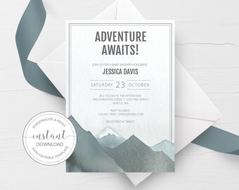 Mountain Baby Shower Invitation Boy, Adventure Awaits Baby Shower Invitation Template, Printable Shower Invite, DIGITAL DOWNLOAD D100