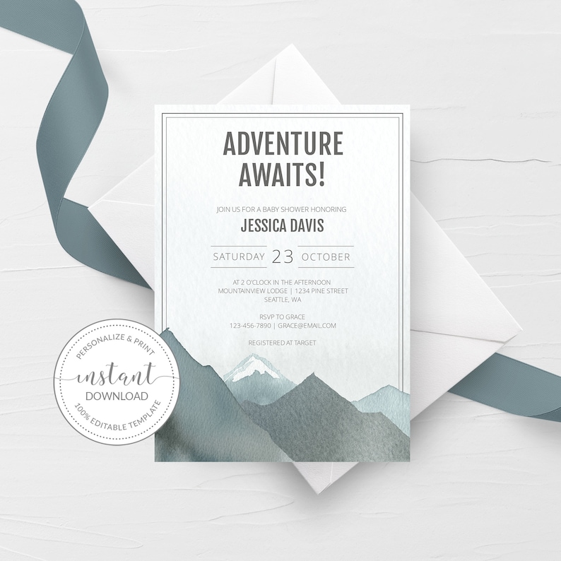 Mountain Baby Shower Invitation Boy Adventure Awaits Baby Shower Invitation Template Printable Shower Invite DIGITAL DOWNLOAD