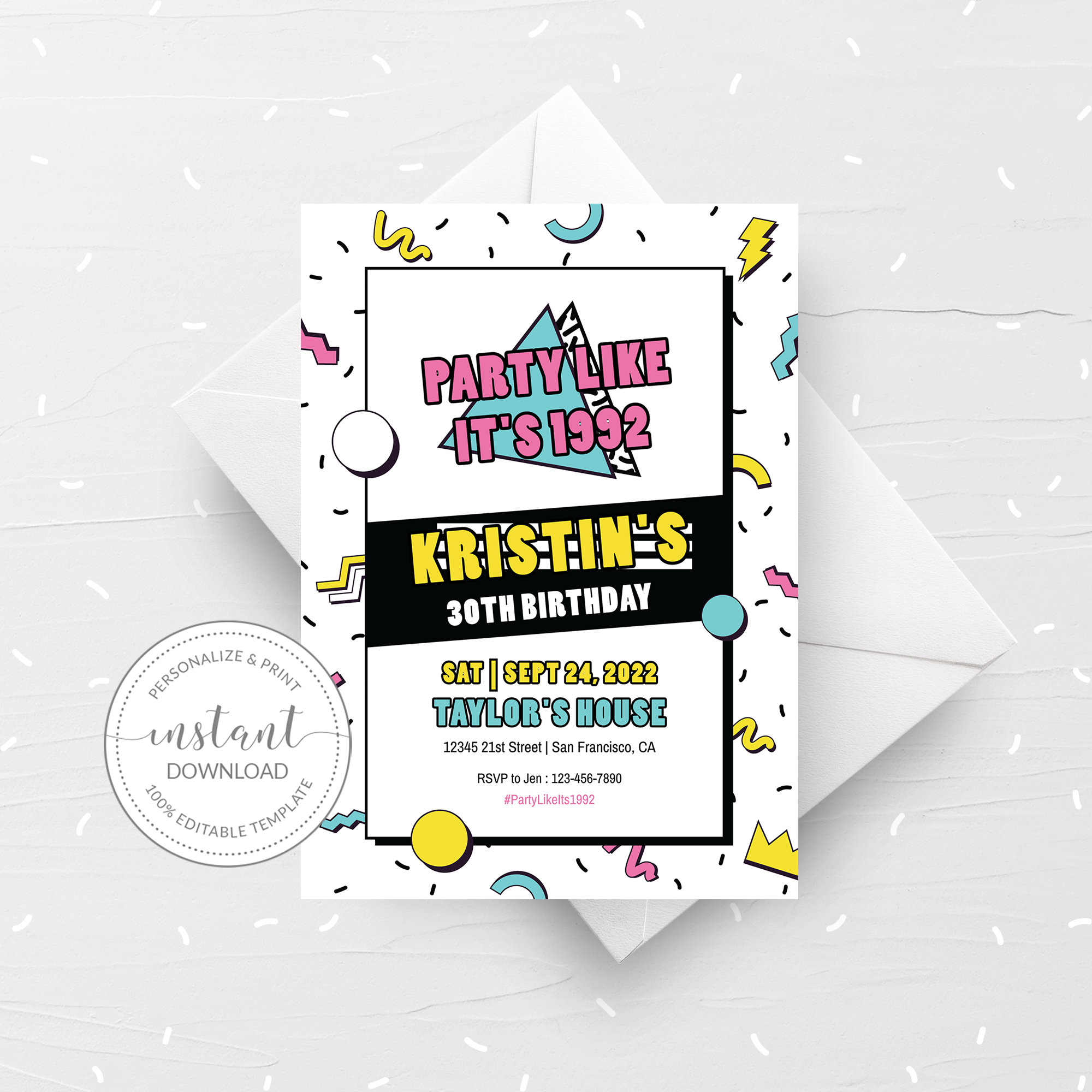 90s Theme 30th Birthday Invitation Template Party Like Its 1992 Retro Party Printable 90s Birthday Invite DIGITAL DOWNLOAD