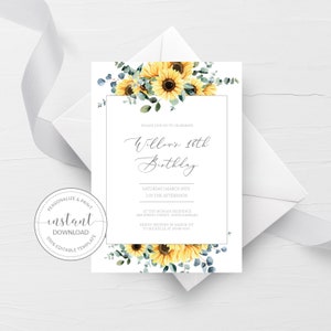 Printable Sunflower Birthday Party Invitation Template, Editable Sunflower Birthday Invite, Yellow Sunflower Birthday, DIGITAL DOWNLOAD S100