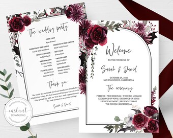 Halloween Wedding Program Template, Gothic Wedding Programs, Editable Wedding Program, Ceremony Program Printable, 5x7 INSTANT DOWNLOAD H100