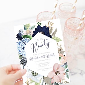 May include: A floral-themed invitation card with a blue and pink watercolor design. The text on the card reads "Hello Ninety" and "Please join us to celebrate Michelle's 90th Birthday".