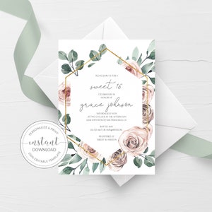 Pu&ograve; includere: Un invito bianco con una cornice geometrica dorata e un design floreale ad acquerello. Il testo recita "Si prega di unirsi a noi per una dolce festa di 16 anni in onore di grace johnson. Sabato 16 luglio alle 14:00. 12345 10th Avenue | San Francisco, CA. RSVP ad Amy 555-123-4567 o amy@email.com. Registrato presso Target & Amazon."