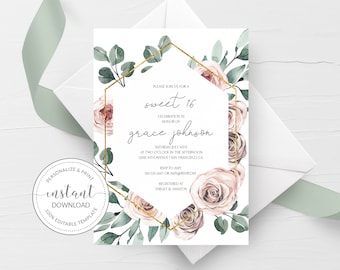 Sweet 16 Invitation Printable, Boho Rose Sweet Sixteen Invitation Template, Sweet 16 Birthday Invitation, Invite DIGITAL DOWNLOAD - BR100