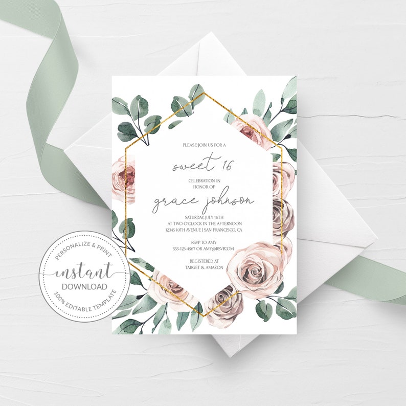 Pu&ograve; includere: Un invito bianco con una cornice geometrica dorata e un design floreale ad acquerello. Il testo recita "Si prega di unirsi a noi per una dolce festa di 16 anni in onore di grace johnson. Sabato 16 luglio alle 14:00. 12345 10th Avenue | San Francisco, CA. RSVP ad Amy 555-123-4567 o amy@email.com. Registrato presso Target & Amazon."