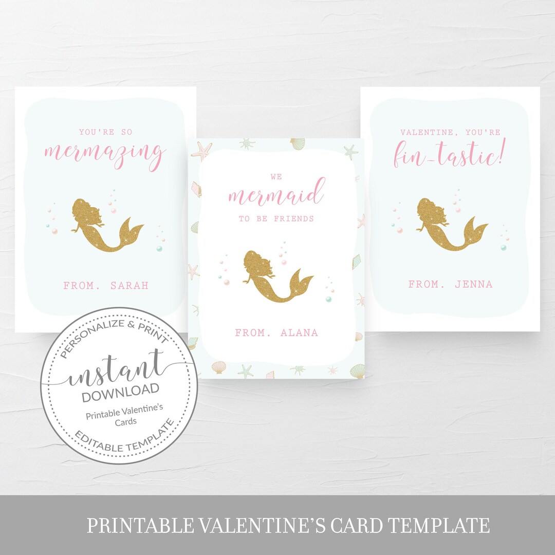 Mermaid Printable Valentine Cards for Kids, Mermaid Valentine Day Card ...
