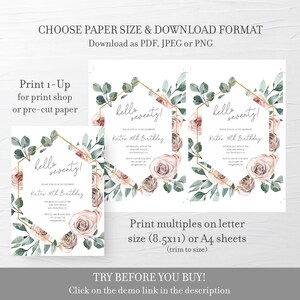 Puede incluir: Invitaci&oacute;n imprimible para una fiesta de cumplea&ntilde;os n&uacute;mero 70. La invitaci&oacute;n presenta un dise&ntilde;o de acuarela con rosas rosadas, hojas verdes y un marco geom&eacute;trico dorado. El texto de la invitaci&oacute;n dice "Hello Seventy!" y "Kate's 70th Birthday".
