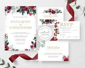 Christmas Wedding Invitation Template, Holiday Wedding Invitation Set, Editable Winter Wedding Invitation, DIGITAL DOWNLOAD - CG100