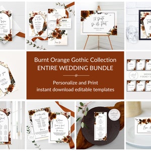 May include: A wedding invitation suite with a gothic theme. The invitations feature a burnt orange and black color scheme with floral accents and a coffin design. The text on the invitations reads "Til Death Do Us Part".