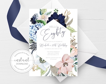 80th Birthday Invitation For Women, Printable 80th Birthday Party Invitation, Navy Blush Floral 80th Birthday Invite, INSTANT DOWNLOAD MB100
