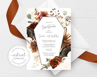 May include: A Halloween party invitation with a coffin-shaped frame, floral accents, and the text "Spooktacular". The invitation includes party details and encourages costumes. The design features burgundy, orange, and white colors.
