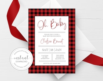 Buffalo Plaid Baby Shower Invitation Template, Lumberjack Baby Shower Invite, Editable DIGITAL DOWNLOAD - BP100