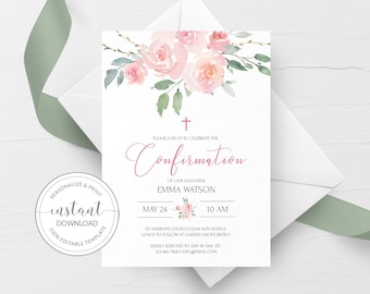 Rosa Blumen Konfirmation Einladung Vorlage, druckbare Konfirmation einladen, Mädchen Konfirmation, religiöse Einladung, DIGITAL DOWNLOAD FR100