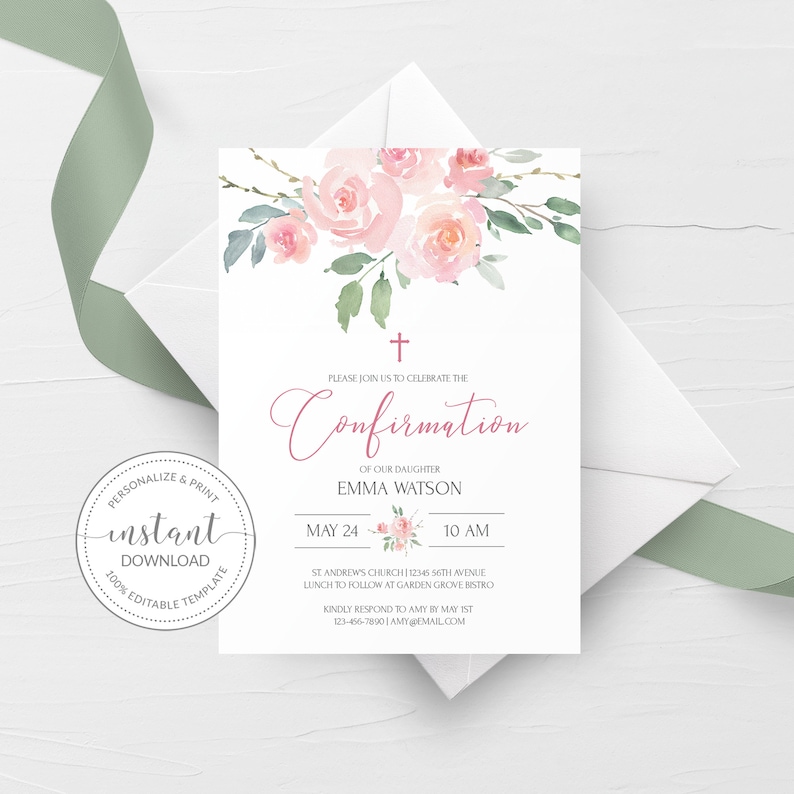Pink Floral Confirmation Invitation Template, Printable Confirmation ...