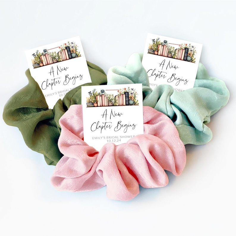 Book Themed Bridal Shower Favors, Hair Scrunchie, A New Chapter Begins, Book Bridal Shower Thank You Guest Gift, Book Lover Shower image 1