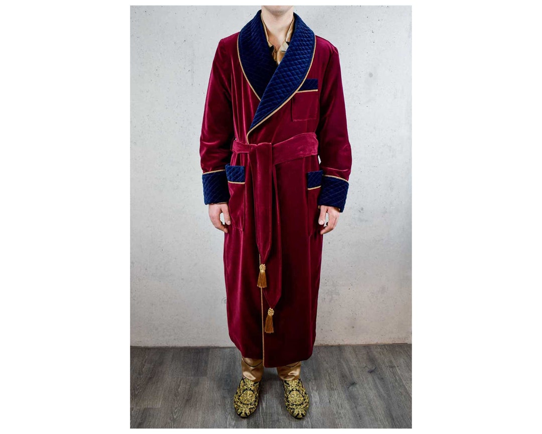 Mens Velvet Dressing Gown Smoking Jacket Robe Navy Blue Wine Etsy