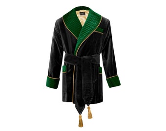 Mens Smoking Jacket Robe Dark Green Black Velvet Dressing Gown Quilted Classic Extra Warm Long Lined Traditional Smokers Robes